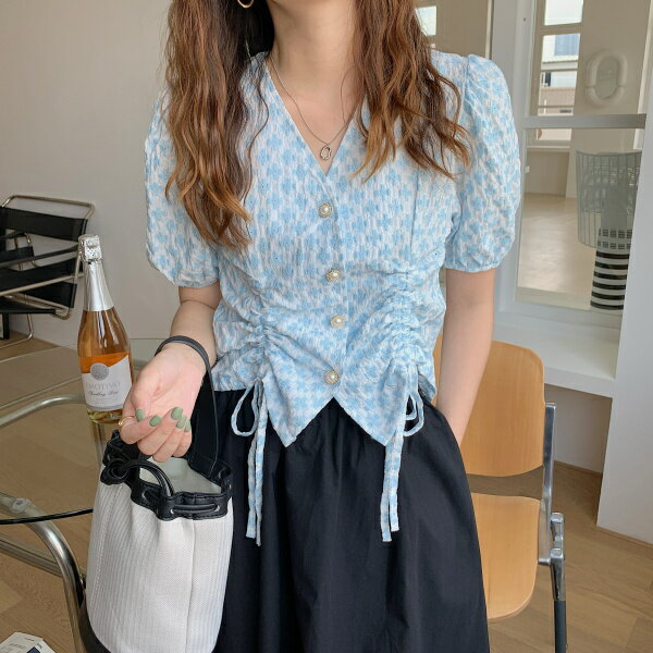 法式抽繩格紋v領短袖襯衫女設計感小眾夏季年新款韓版上衣潮