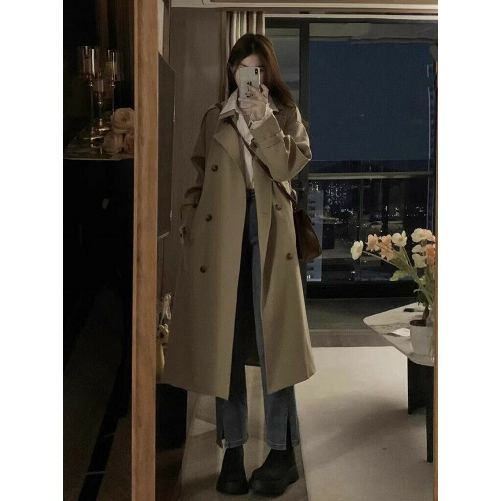 韓版風衣女 秋季新款韓係小個子中長款大衣 氣質英倫風高階感大衣外套 女 大尺碼風衣外套 女長款風衣 雙層有裡布風衣外套女