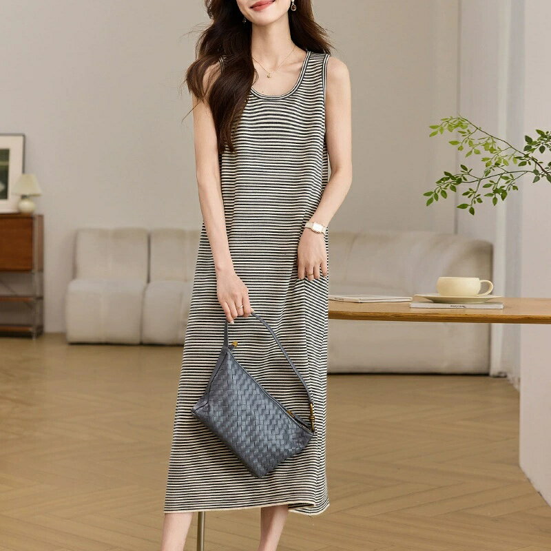 現貨+預購 針織洋裝無袖連身裙-條紋圓領質感背心裙女裙子74kx29【獨家進口】【米蘭精品】