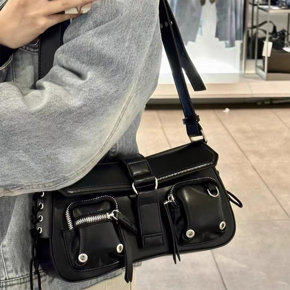 包包 肩背包 斜背包 辣妹風 miumiu風 質感潮酷辣妹 禮物 小眾包包 腋下包 機車包 百搭斜背包 黑色包包 806