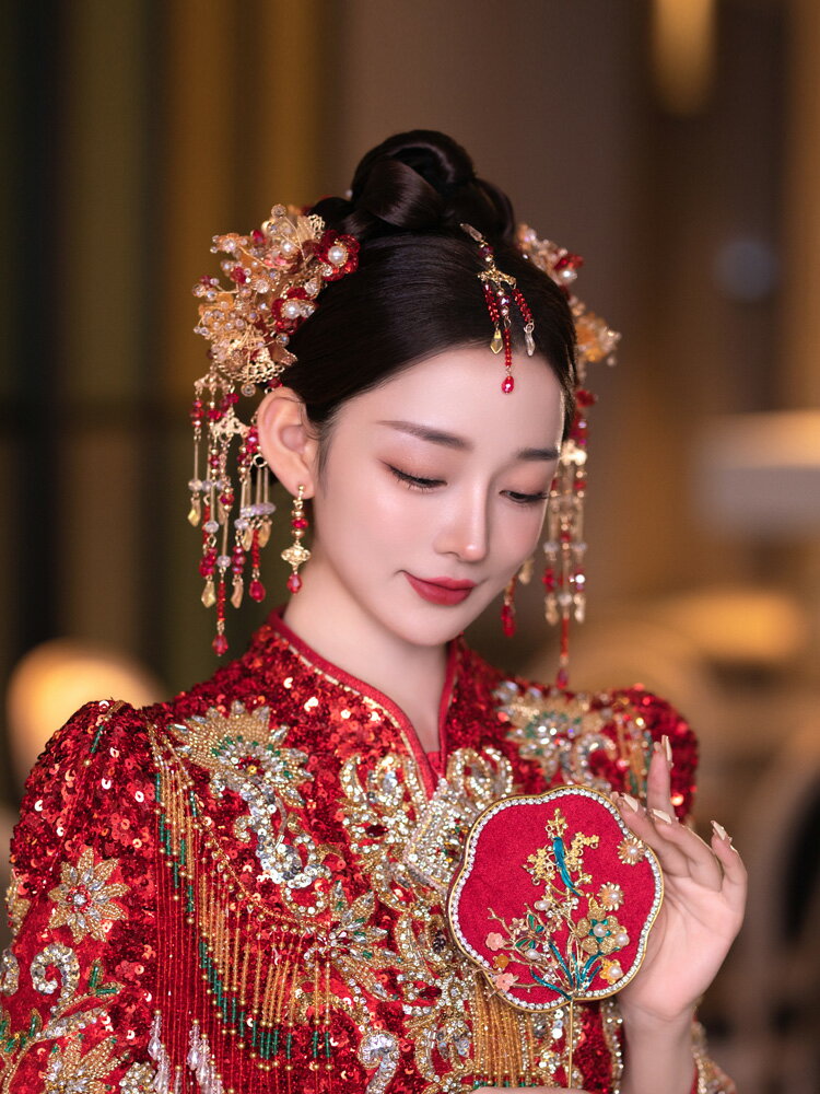 新娘頭飾中式紅色古風漢服秀禾服龍鳳褂眉心墜琉璃花朵流蘇發飾品
