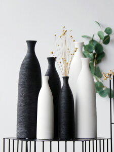 花盆 北歐日式家居飾品家用拉絲螺紋三件套黑色白色陶瓷花瓶