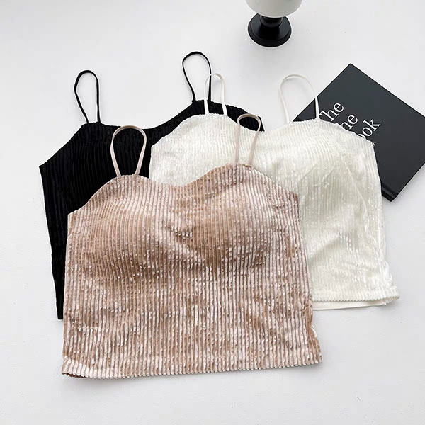ANNAS 韓國高級感 帶胸墊金絲絨背心 細肩帶小可愛 絨布 金屬感 閃亮 性感 胸墊 罩杯 爆乳 7