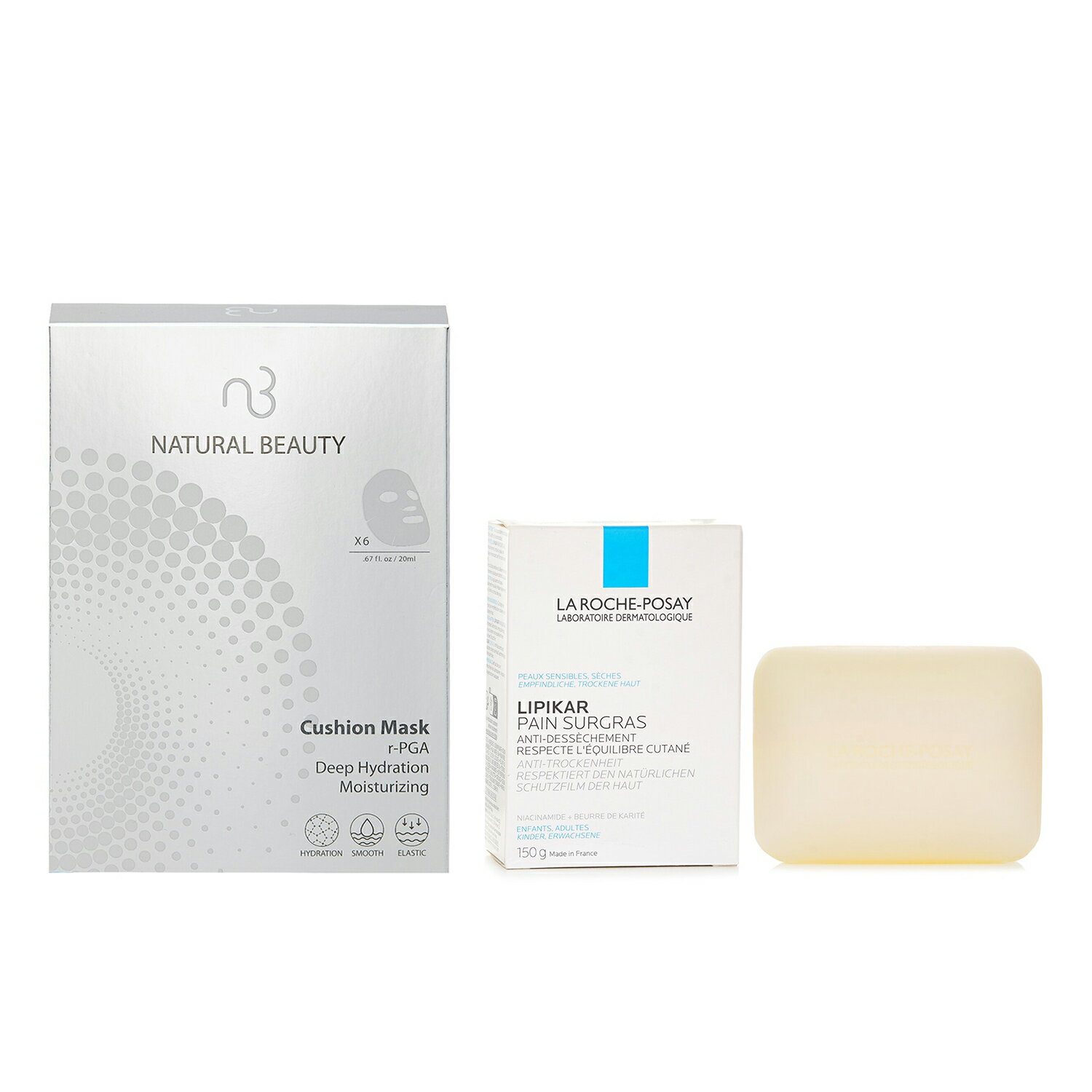 La Roche Posay - La Roche Posay 身體潔膚皂(新舊包裝隨機) 150g X Natural Beauty r-PGA 超效保濕爆水氣墊面膜 (有效日期: 01/2026) 6x 20ml