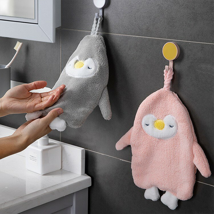 企鵝擦手巾 吸水毛巾 珊瑚絨擦手巾 可掛式 動物擦手巾 可愛 卡通 廚房衛生間 吸水 毛巾