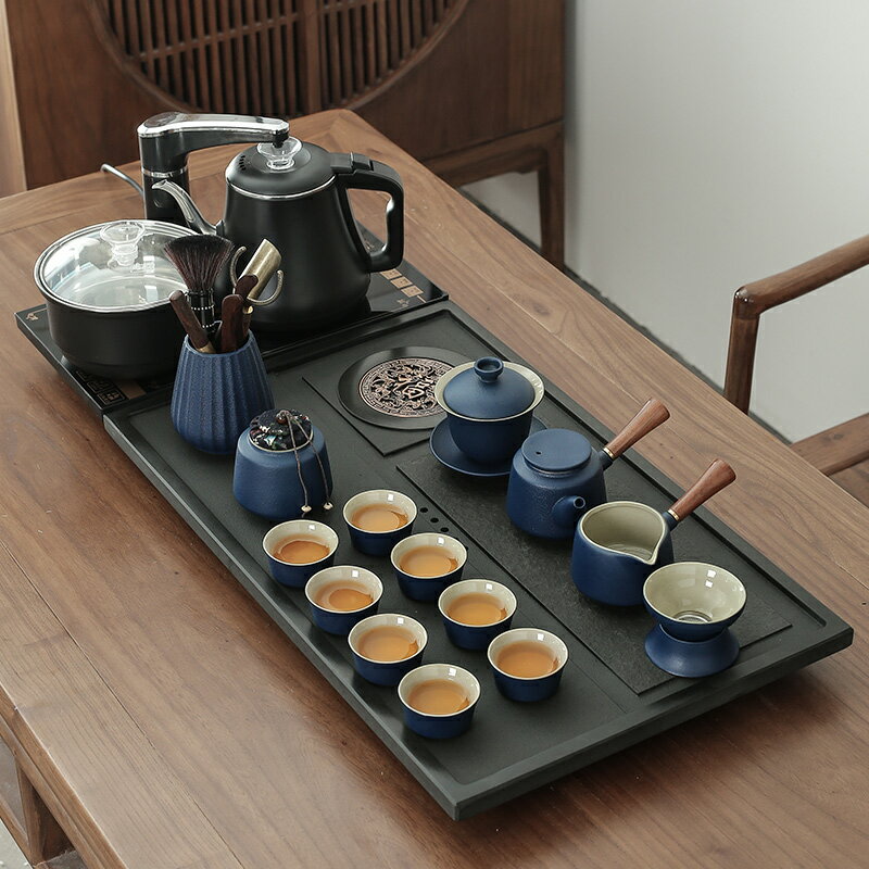 天然烏金石茶盤套裝家用茶臺辦公茶海輕奢排水盤日式功夫茶具托盤