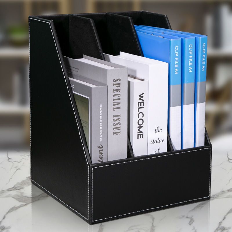 文件座文件框辦公室三層桌上置物多格 資料框皮革文件 收納盒