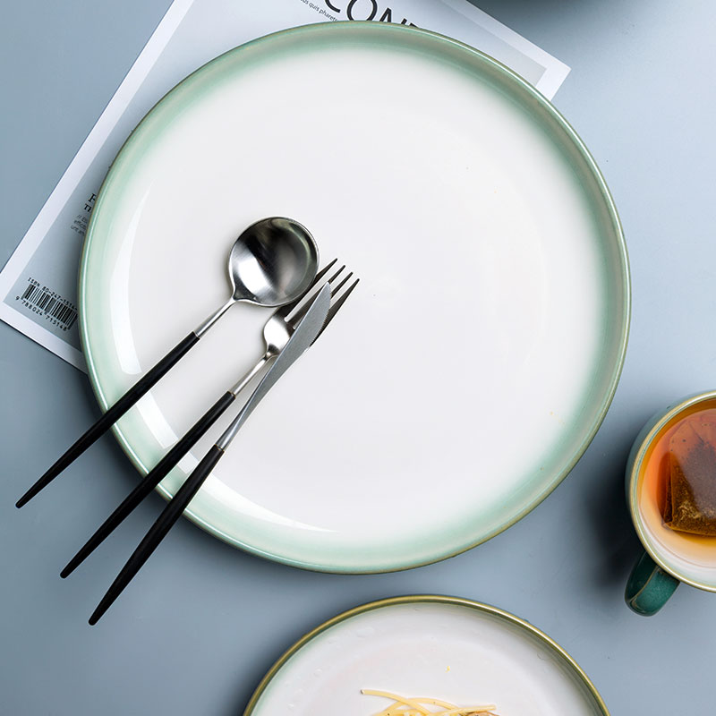 漸變綠餐具陶瓷湯碗盤子 家用沙拉水果盤11英寸牛排盤