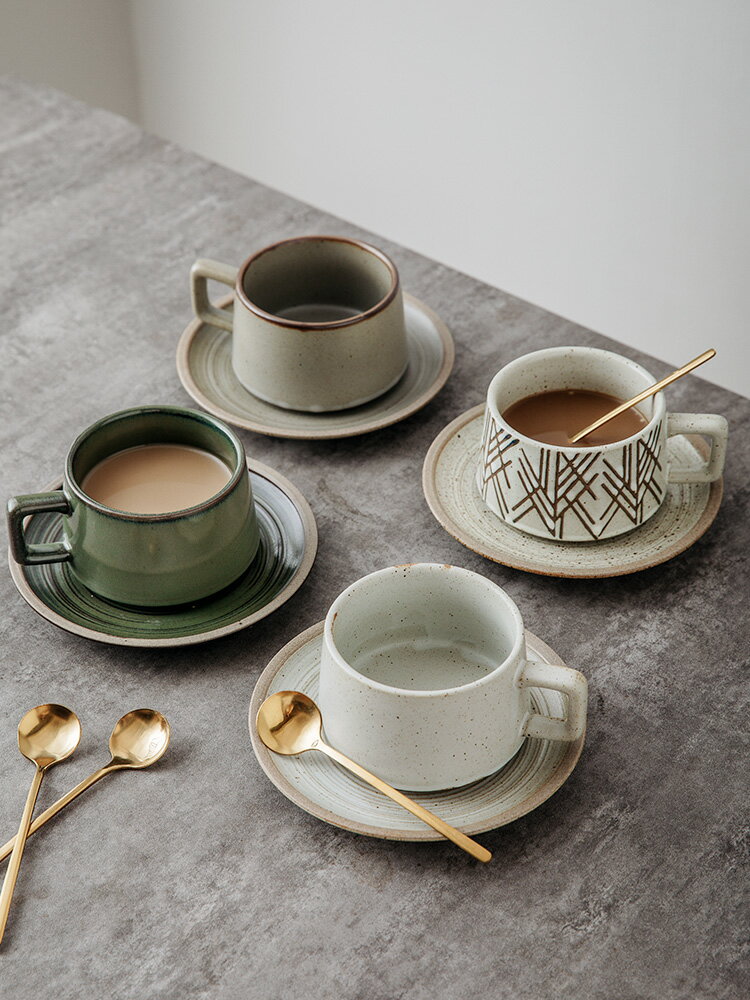 陶瓷咖啡杯碟套裝復古創意下午茶具茶杯家用掛耳咖啡杯日式帶勺