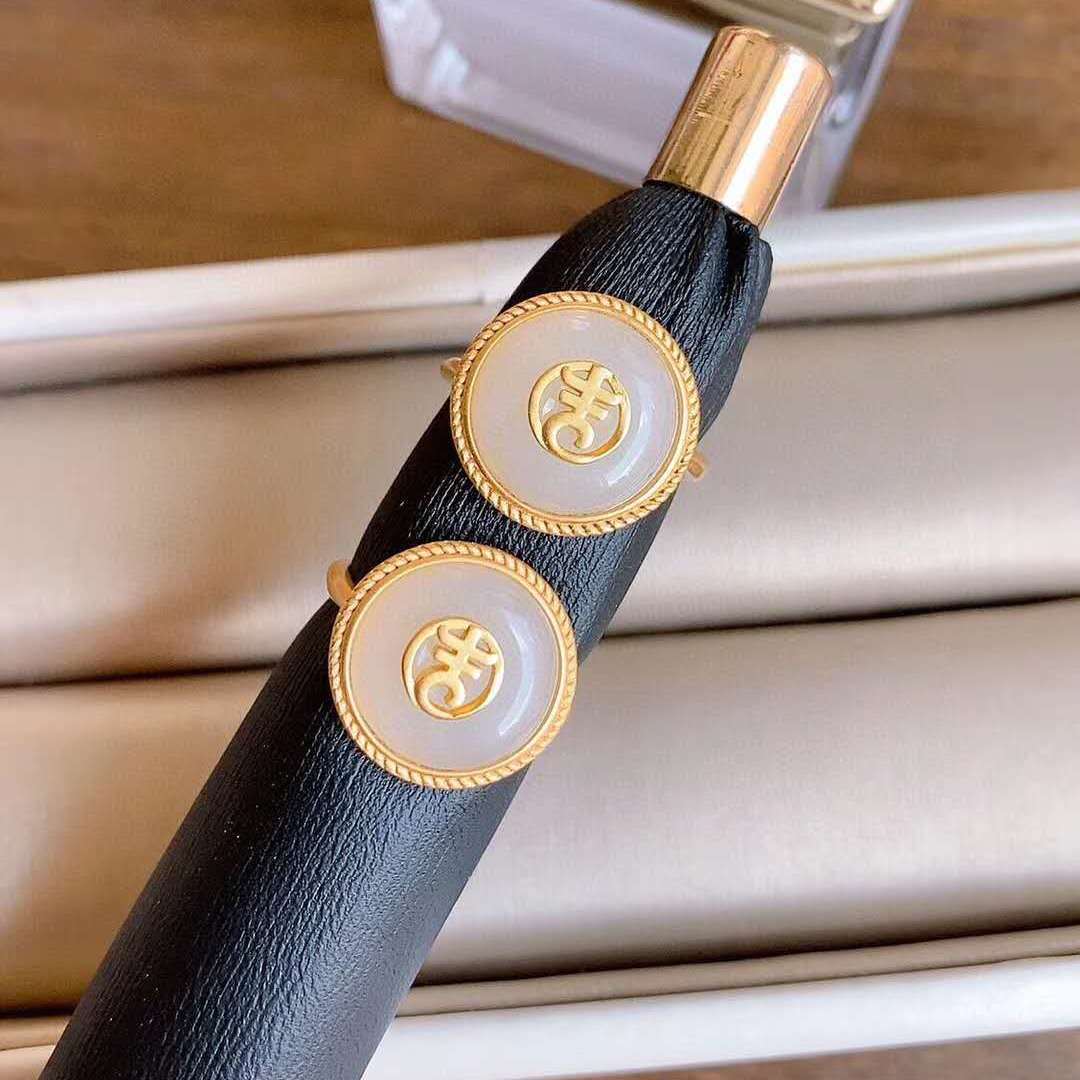 【墜享】S925純銀故宮上新天然和田玉圓形吉字戒指開口可調節飾品