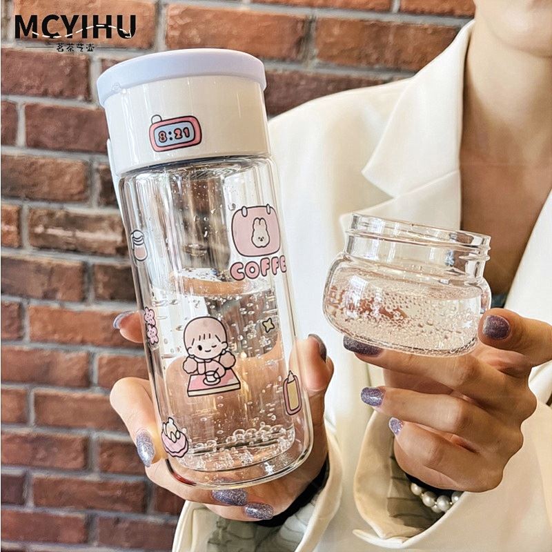杯子高級感ins風可愛透明水杯雙層玻璃杯帶蓋便攜茶水分離泡茶杯