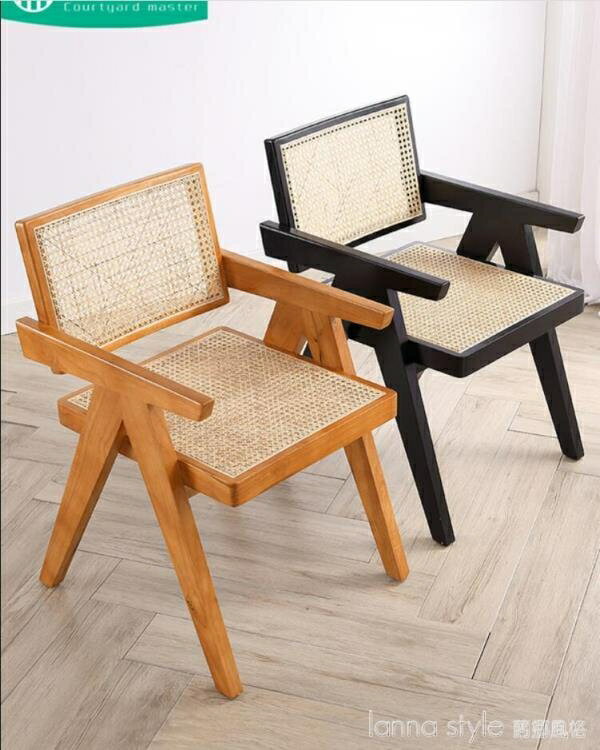 北歐實木椅子簡約家用靠背椅網紅設計師休閒扶手椅溫莎椅藤編餐椅 【麥田印象】