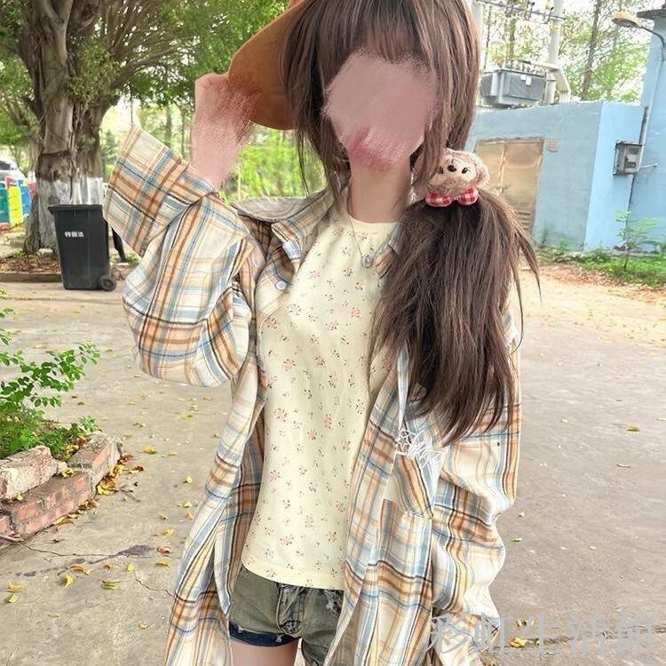 復古格子長袖襯衫女夏季防曬薄款情侶寬松高街襯衣外套百搭上衣潮