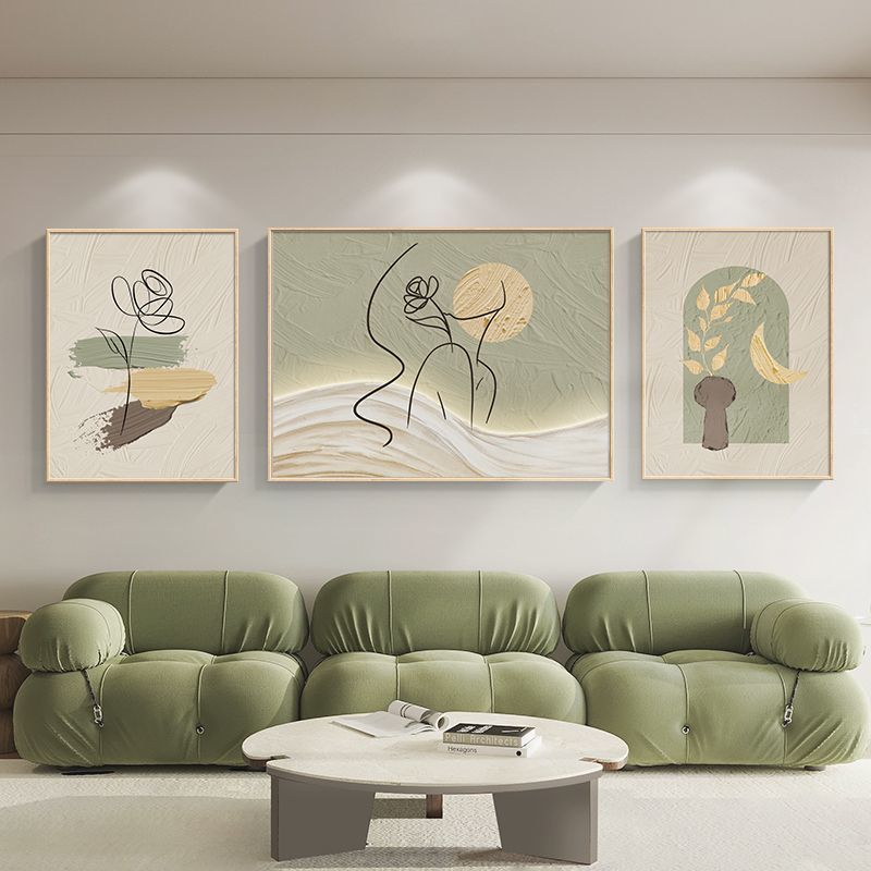 北歐奶油風客廳裝飾畫抽象人物肌理感沙發背景墻掛畫大氣三聯壁畫