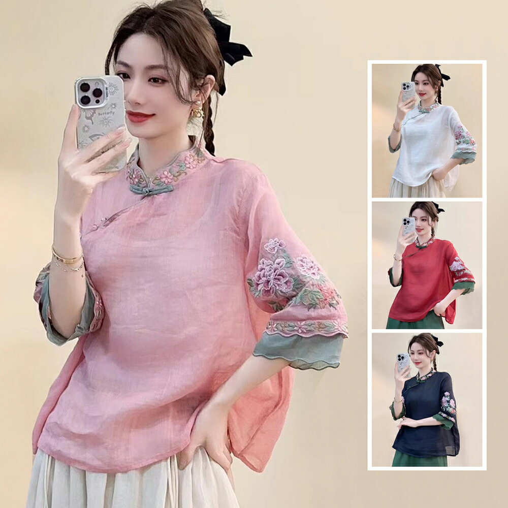 ＊ORead＊棉麻圓領刺繡七分袖襯衫上衣(4色M~XL)【限定加碼✿全館滿額再折】