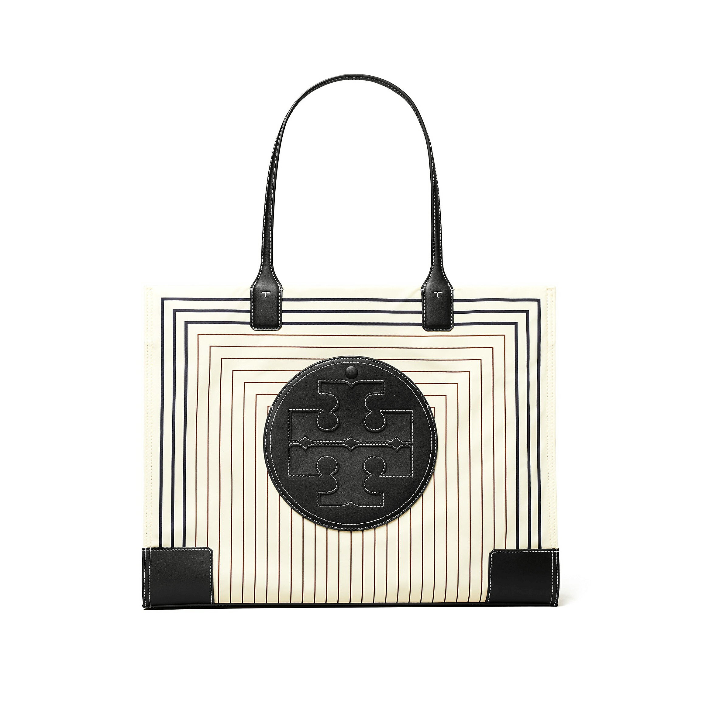 精選★TORY BURCH 條紋印花雙TLogo大容量 織物拼牛皮 女款大號托特包Tote包購物袋手提單肩包 88237(整新瑕疵)~【母親節禮物★菲尼斯 國際精品3折起 春夏新品 換季下殺】
