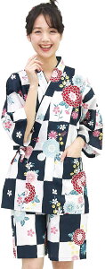 Nishiki【日本代購】和式清涼居家服 睡衣 上下套裝 棉100%-鉄紺地市松に菊