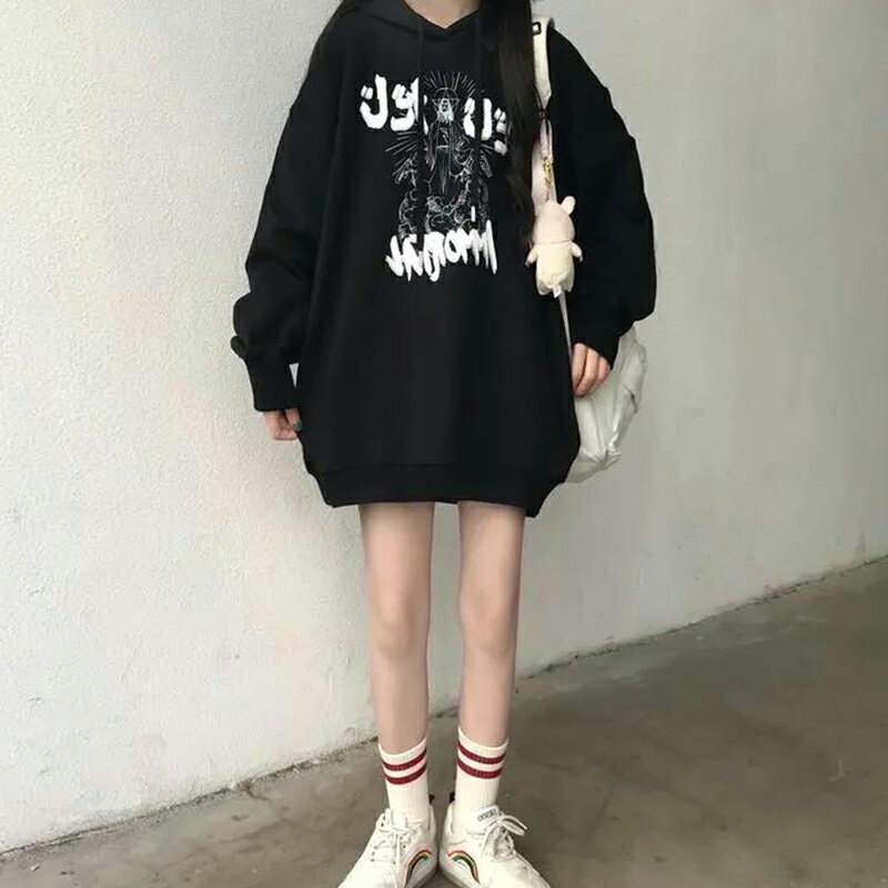 秋冬2021年新款黑色連帽衛衣女加絨加厚外套慵懶風oversize上衣服