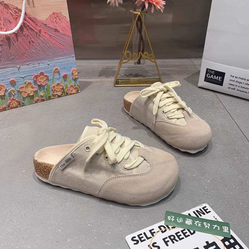 【店鋪熱銷】系帶時尚帆布鞋外穿2024年春夏新款包頭半拖鞋女單鞋平底休閑涼拖—貼心服飾