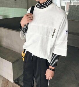 FINDSENSE MD 韓國 潮 男 時尚 休閒 圓領 寬鬆 五分袖 拉鏈裝飾 短袖T恤 特色短T