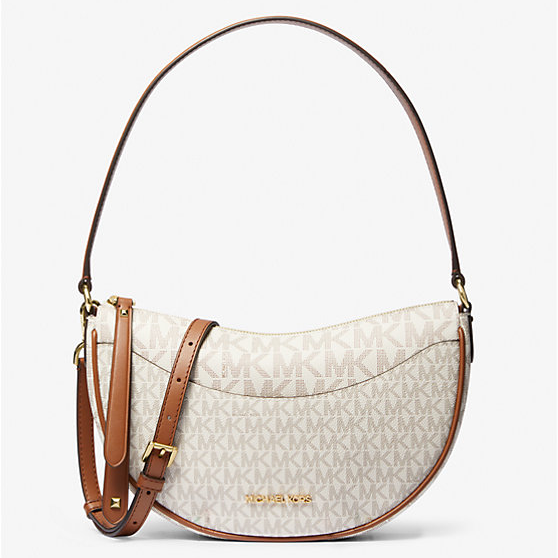MICHAEL KORS 經典滿版老花斜揹包 半月包 防刮PVC塗層帆布 側/肩揹包 M33930 白色MK(現貨)▶指定Outlet商品5折起☆現貨【送禮首選★APP下單點數4倍送】