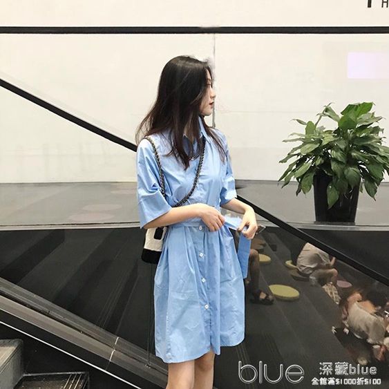 夏季韓版冷淡風襯衣連身裙港味chic短袖襯衫女中長款上衣 深藏blue