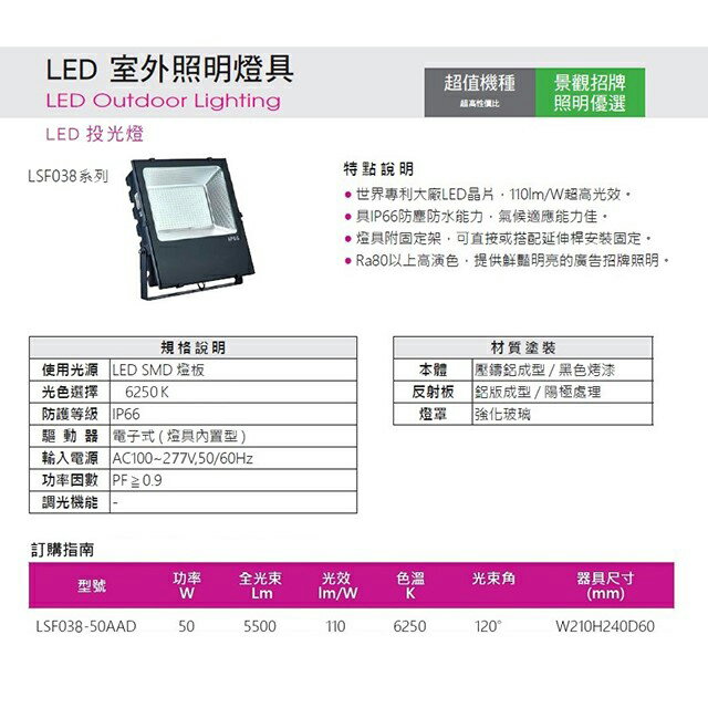 東亞 LED  50W投光燈/投射燈/探照燈 6