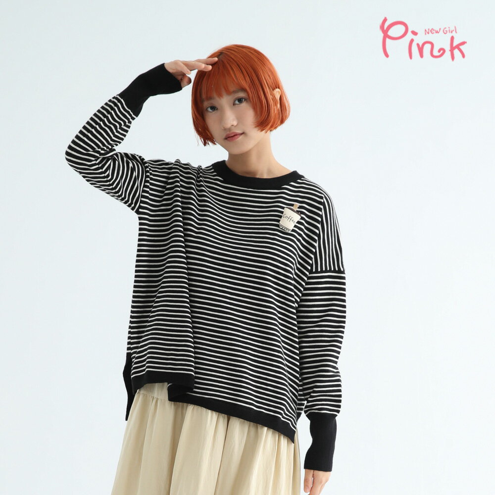 Pink*設計感條紋毛線寬鬆針織上衣 (2色/附可愛別針) Z2404BD