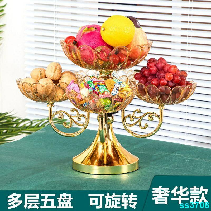 北歐風果盤 果盤家用2024新款可旋轉多層客廳水果盤 零食乾果糖果輕奢高檔水晶 水果點心盤 乾果盤