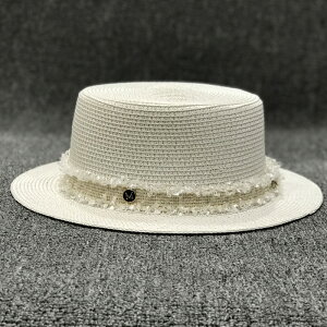平頂草帽白色須邊法式草帽女夏天遮陽帽英倫時尚出游度假防曬帽子1入
