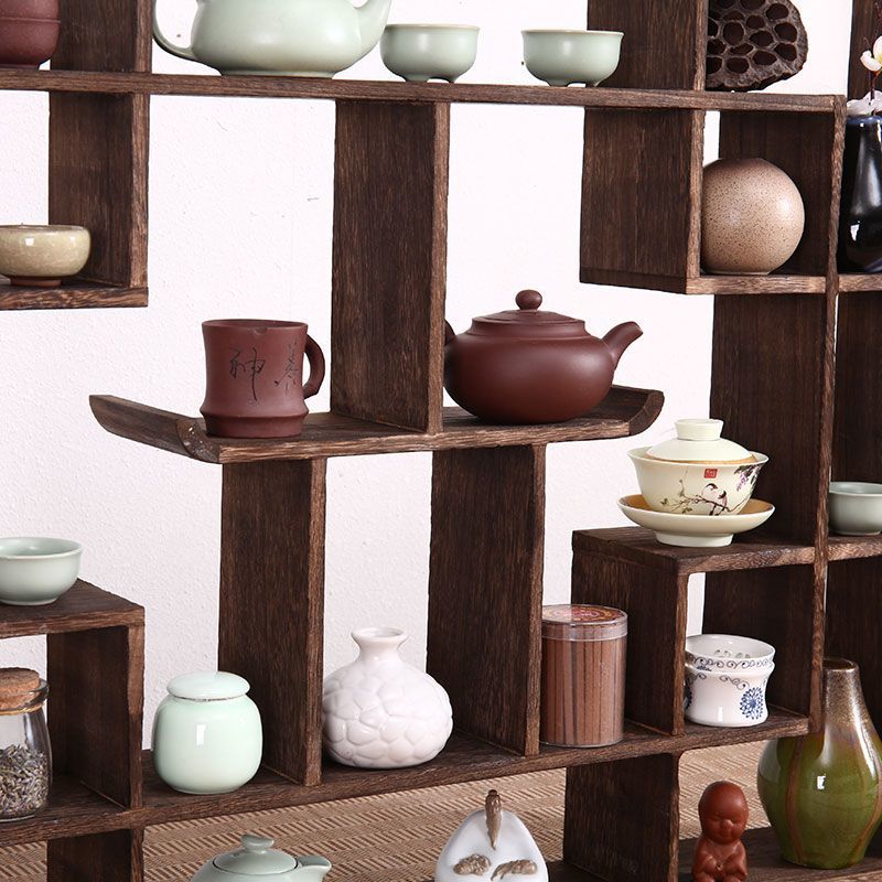 茶架 壁掛茶架 茶具收納架 杯架 博古架實木中式壁掛展示架置物架多寶閣仿古茶架茶壺架子C15 3