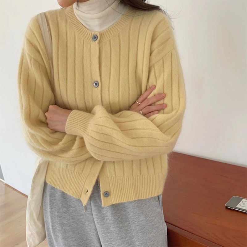 FUXI 針織開衫女 毛衣外套 燈籠袖針織外套 豎條紋顯瘦圓領上衣 韓版寬鬆慵懶風毛衣外搭 長袖上衣 女裝 衣服