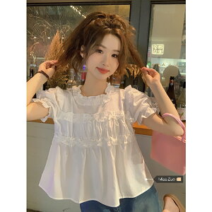 娃娃衫遮肚子上衣女裝夏季設計感小眾甜美韓系小個子白色短袖襯衫