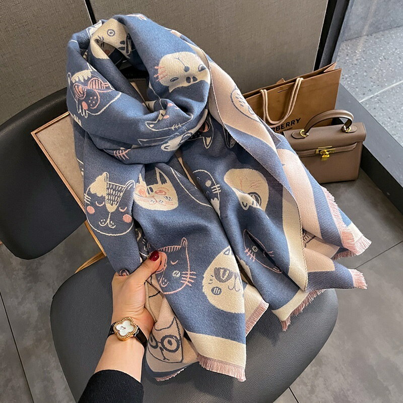 新款韓版貓咪時尚仿羊絨保暖圍巾披肩女冬季韓版百搭可愛圍脖披肩外搭卡通時尚圍巾