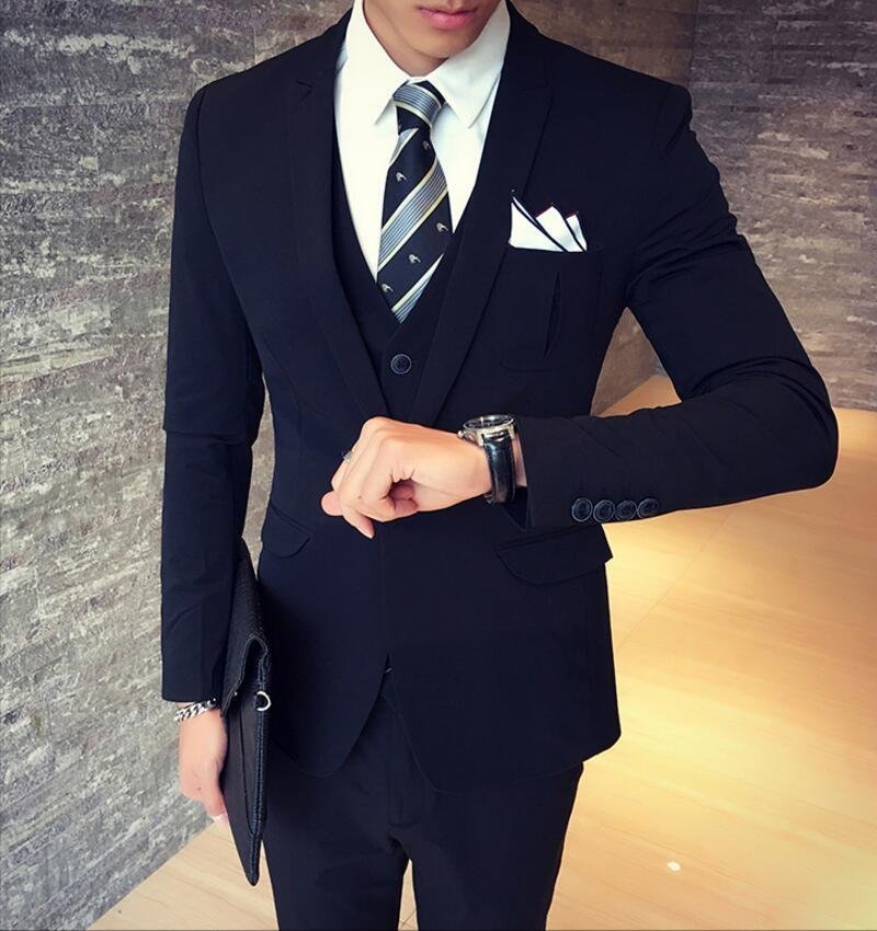 FINDSENSE品牌 韓國男 口袋波折設計 西裝外套穿搭 三件式套裝 成套西裝 西裝修身 外套+背心+褲子