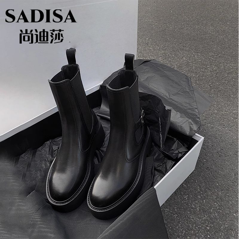 免運 時尚女靴 尚迪莎真皮側方扣圓頭厚底彈力煙管筒切爾西靴女2023秋冬復古短靴 快速出貨