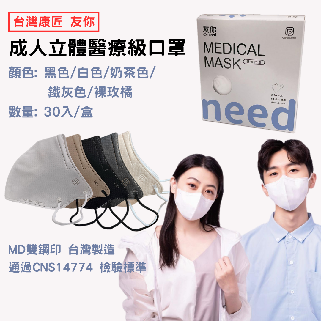 【好夥伴】台灣康匠 友你 成人立體醫療級口罩 醫療級口罩 3D耳繩口罩 醫用口罩 立體口罩  (30入/盒)
