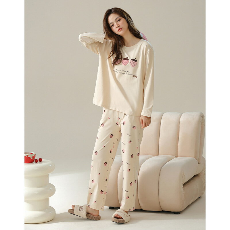 【巴黎精品】現貨+預購 女居家睡衣套裝長袖休閒服秋冬睡袍睡褲-圓領印花草莓T恤女休閒服w1ad88