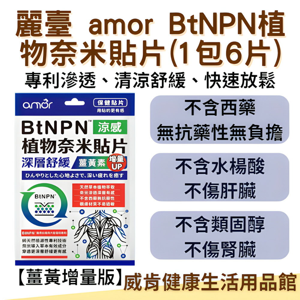 麗臺 amor BtNPN植物奈米貼片最新版本【薑黃增量款】 6片/包 涼感貼布 奈米滲透 深層放鬆