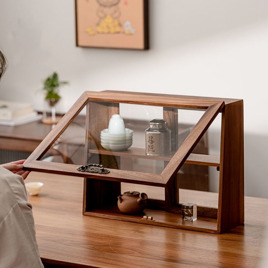 現貨免運！茶具展示盒 陳列櫃 展示盒 茶櫃 黑胡桃木茶具展示盒防塵茶杯五面透明玻璃收納茶室桌面實木陳列櫃 八折下殺 特價出 可開發票