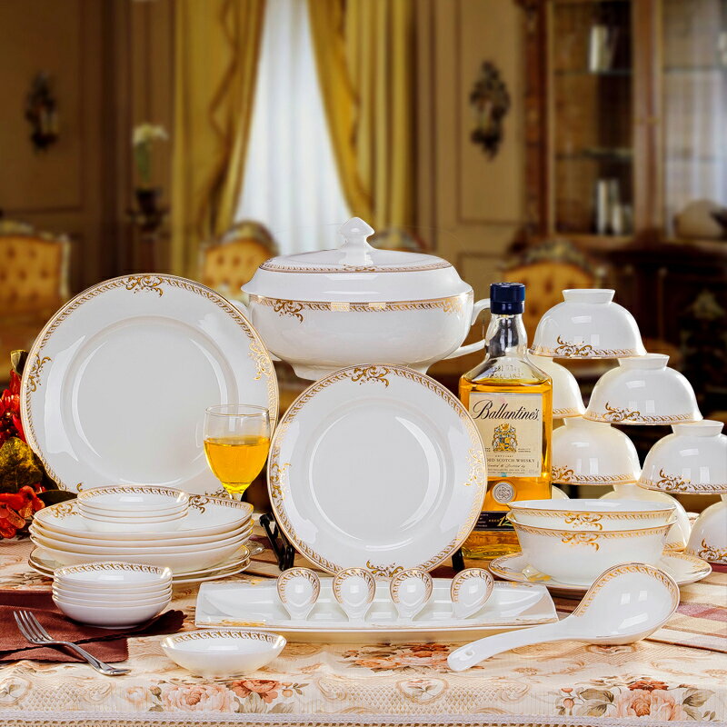 碗碟套裝家用輕奢歐式瓷碗簡約骨瓷碗盤組合高檔景德鎮餐具碗套裝