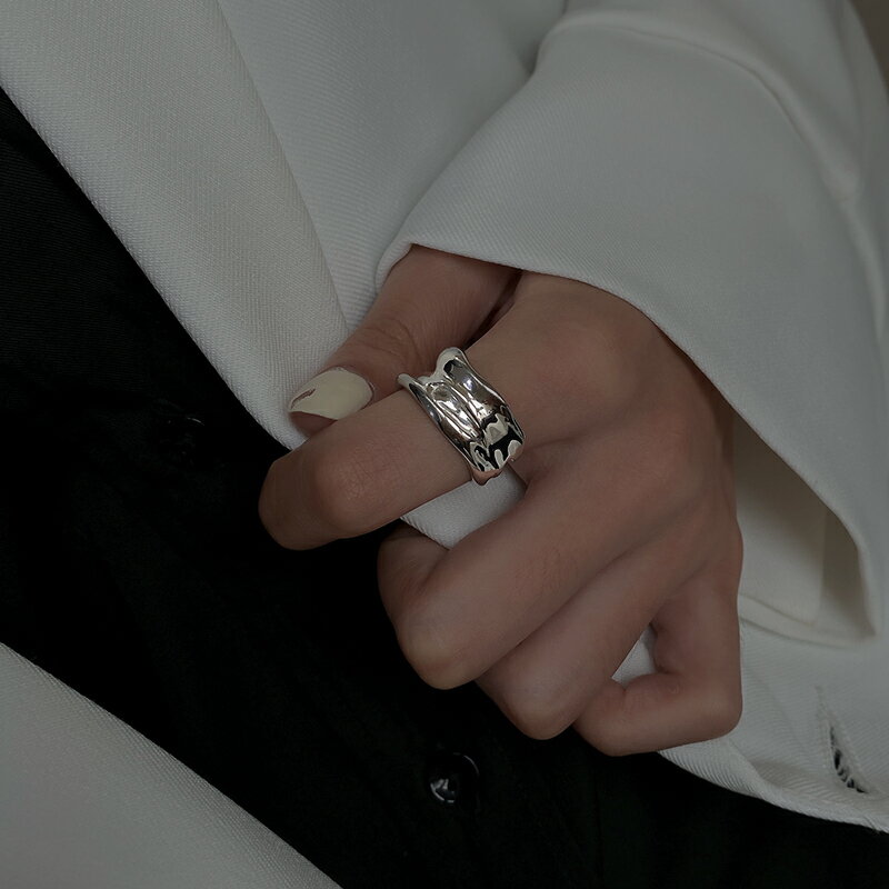 925純銀食指戒指女不規則重工素圈小眾設計感冷淡風復古個性指環