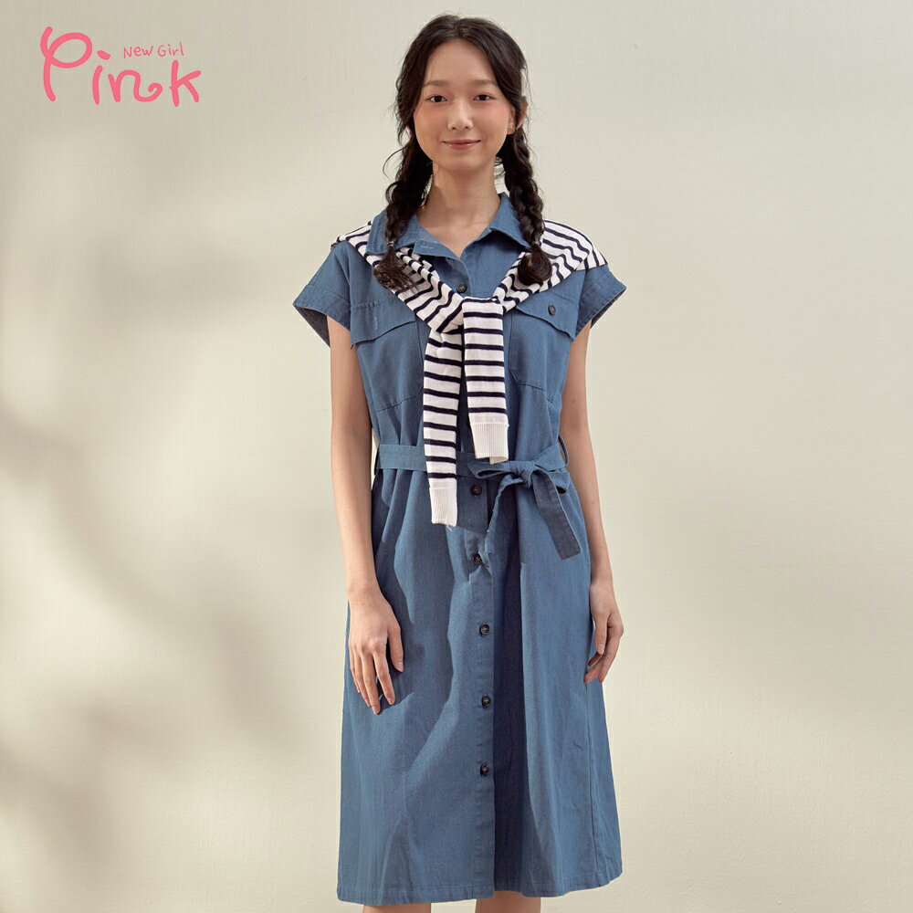 Pink*休閒丹寧排釦短袖洋裝 Y1105BD
