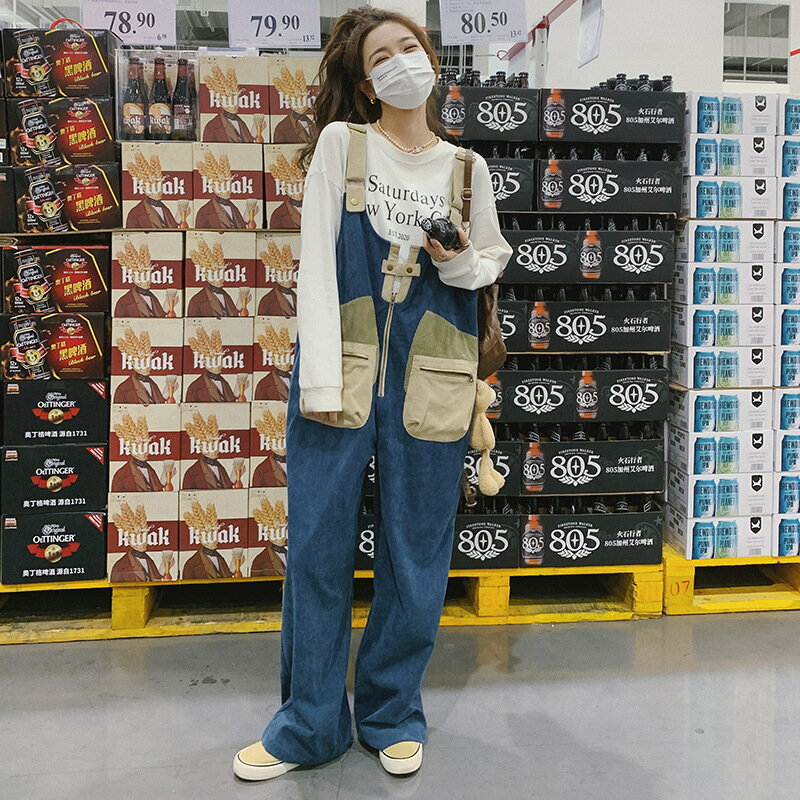 吊帶褲牛仔長褲-工裝寬鬆拚色立體口袋減齡燈芯絨闊腳女褲子藍色74ii10【獨家進口】【米蘭精品】