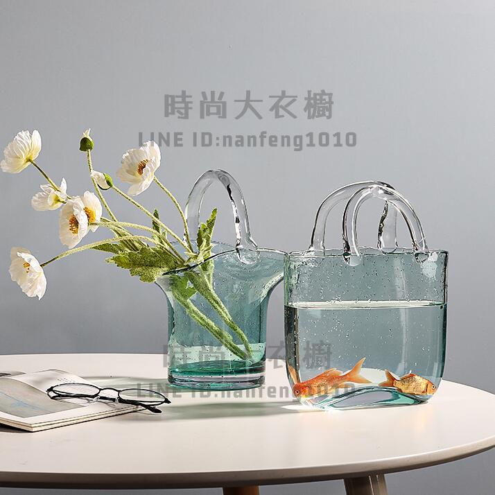 創意包包花瓶擺件手提籃氣泡提袋客廳餐桌透明玻璃插花瓶輕奢【時尚大衣櫥】