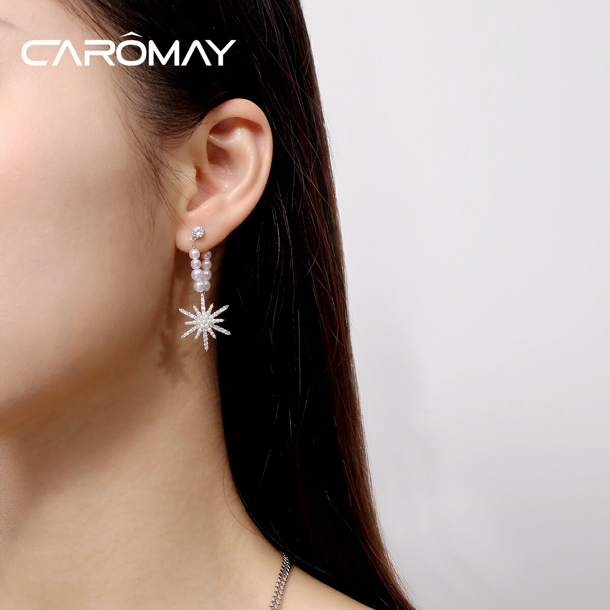 CAROMAY八芒星耳釘女淡水珍珠耳環小巧簡約耳環年新款潮耳飾