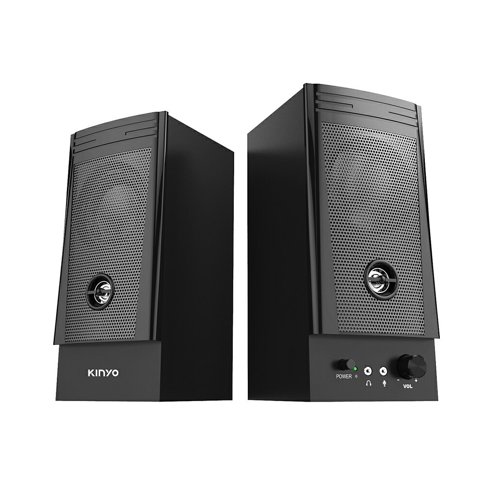 【KINYO】二件式木質立體音箱 (PS) 木質 麥克風 耳機插孔 ｜電腦喇叭 2.0音箱 立體聲 1