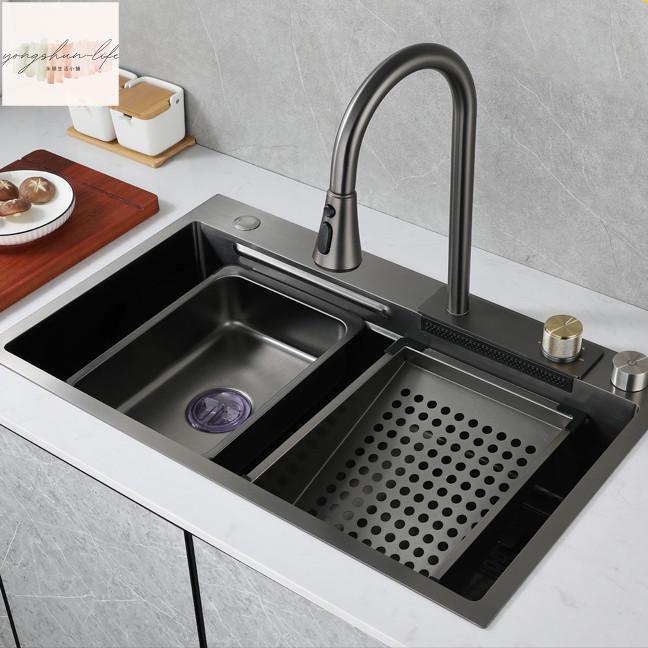 納米抗菌304不鏽鋼水槽廚房水槽一件式不鏽鋼抽拉式龍頭水槽臺下洗菜盆 