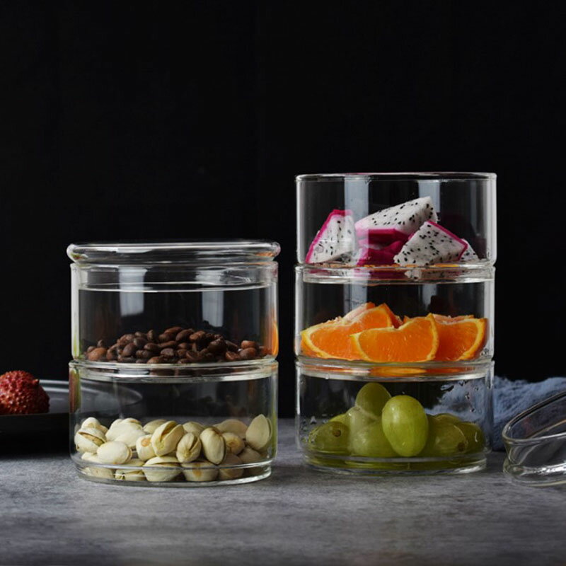 北歐ins高硼硅耐熱玻璃水果沙拉防塵碗餐盒甜品盒透明疊疊樂帶蓋
