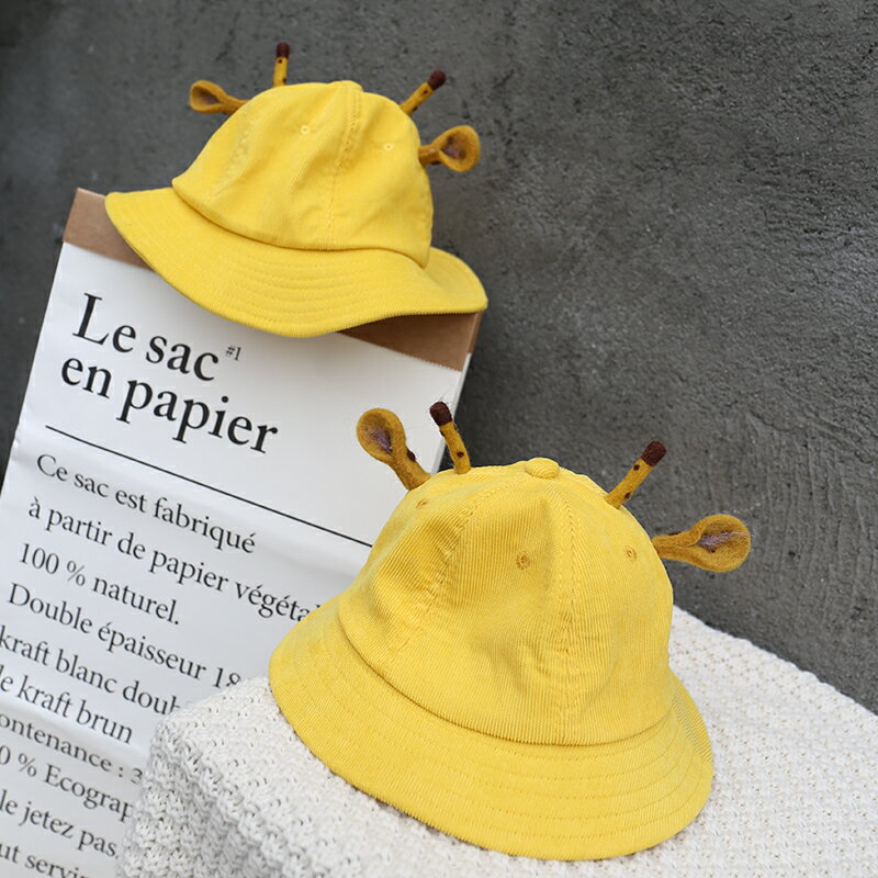 韓國貨長頸鹿耳朵設計款漁夫親子卡通黃色遮陽帽夏兒童盆帽可愛帽1入